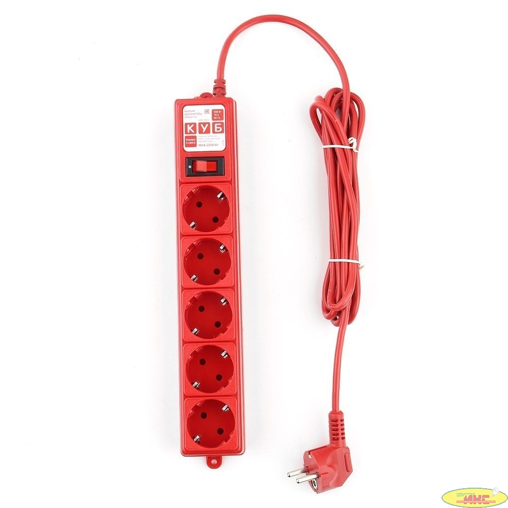 PowerCube Фильтр-удлинитель (SPG-MXTR-14) 3м, 5 розеток, 10А/2,2кВт, красный