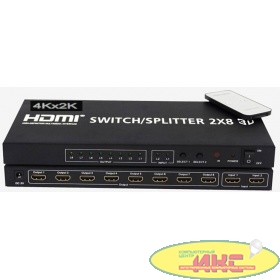 ORIENT HDMI 4K Switch/Splitter HSP0208H, 2->8, HDMI 1.4/3D, UHDTV 4K(3840x2160)/HDTV1080p/1080i/720p, HDCP1.2, пульт ДУ, внешний БП 5В/3A, метал.корпус