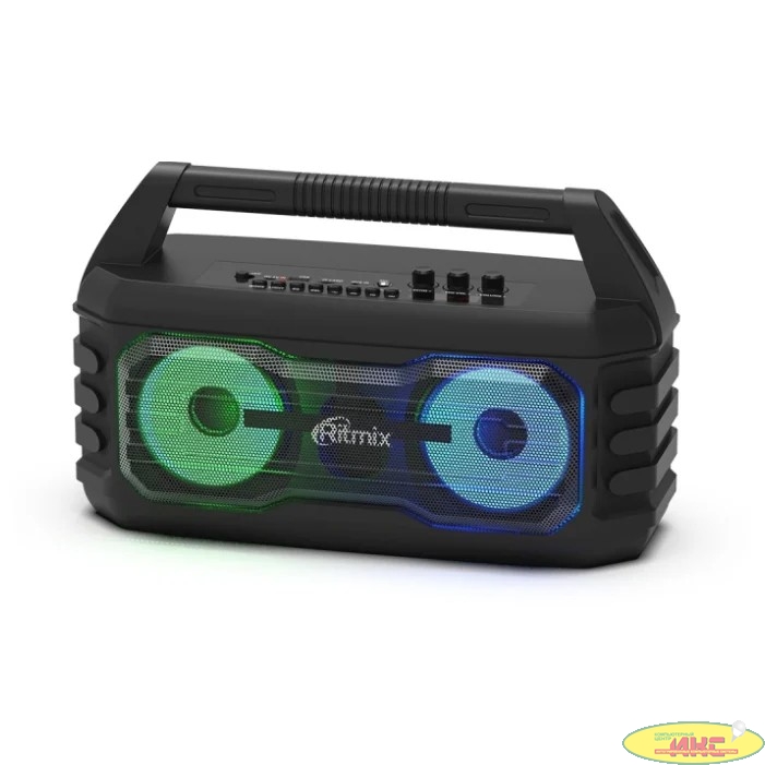 RITMIX SP-610B black {AUX, USB, microSD (MP3, WAV, WMA, APE), RGB-подсветка, эквалайзер, дисплей: LED, возможность, микрофонный вход Jack 6,3 мм, 2000 мАч, microUSB DC 5В 1A, 38*23*16 см, пластик, чер