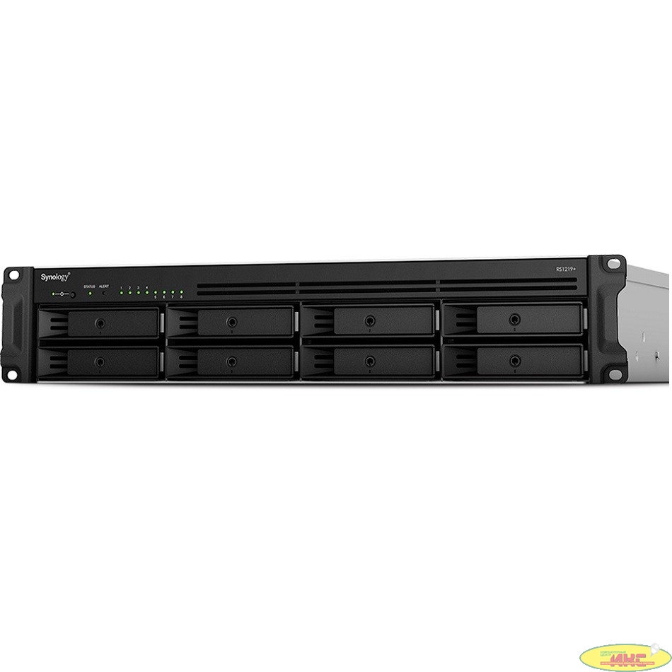 Synology RS1219+ Сетевое хранилище QC2.2GHzCPU/4GbDDR4(upto32)/RAID0,1,5,6,10/upto 8 hot plug HDDs SATA(3,5'or2,5')(upto 12 with RX418)/2xUSB3.2/1eSATA/iSCSI/4xGbE(+1Expslot)/2xIPcam(upto 40) 