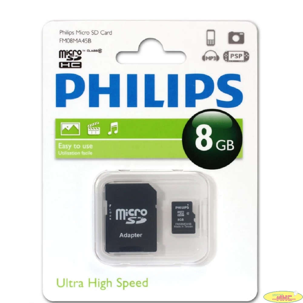 Micro SecureDigital 8GB Philips microSDHC Class 10 (SD адаптер) (FM08MA45B/97)