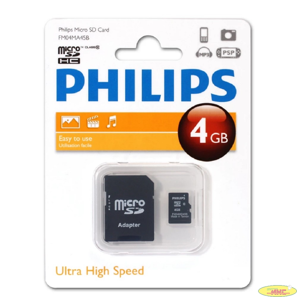 Micro SecureDigital 4GB Philips microSDHC Class 10 (SD адаптер)