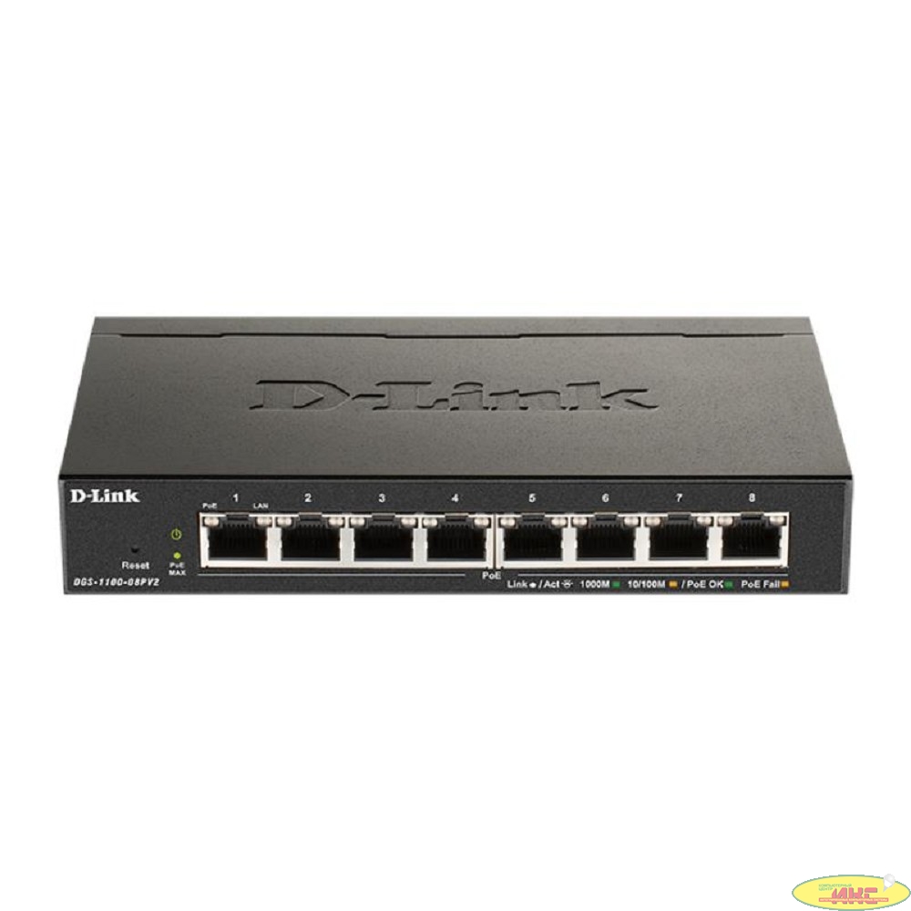 D-Link DGS-1100-08PV2 Настраиваемый коммутатор EasySmart с 8 портами 10/100/1000Base-T с поддержкой PoE 802.3af/802.3at (30 Вт), PoE-бюджет 64 Вт