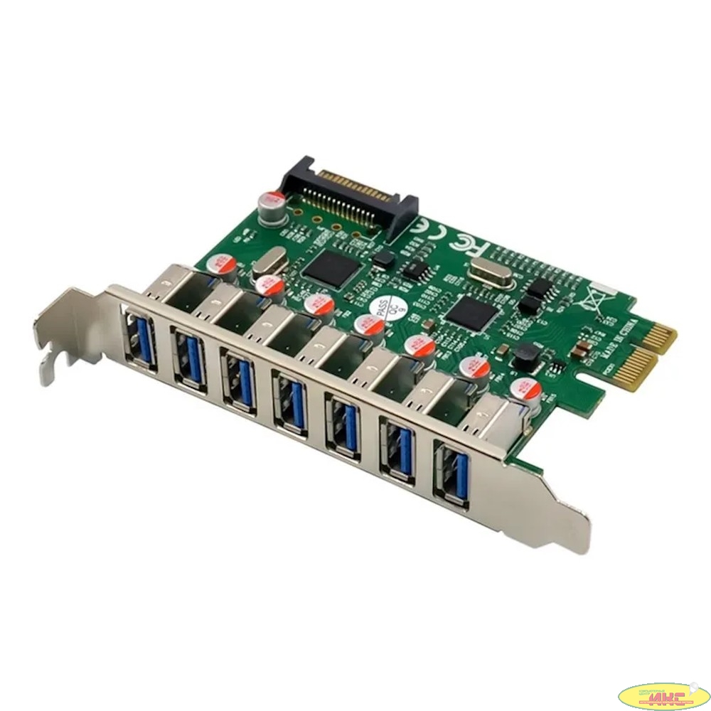 ORIENT VA-3U7PE, Контроллер PCI-Ex1, USB 3.2 Gen1 (USB 3.0), скорость до 5 Гбит/с, 7-port ext, VIA VL805+VL812 chipset, разъем доп.питания, oem (31110)