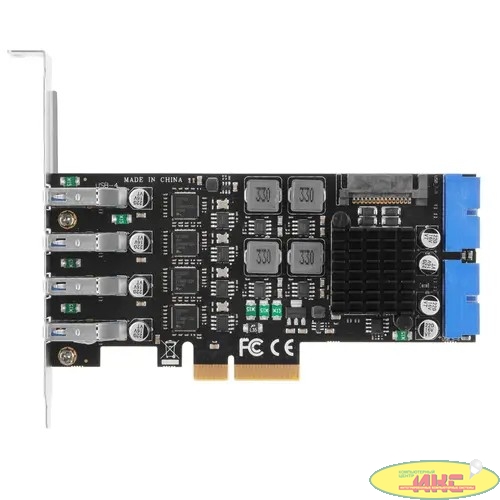 ORIENT NC-3U4419PEX4, Контроллер PCI-Ex4 v3.0,, USB 3.2 Gen1 (USB 3.0), скорость до 5 Гбит/с, 4-port ext/4-port int (19-pin) port, NEC D720201+ASM1806 chipset,Self powered+ разъем доп.питания (31356) 