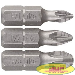 Набор ЗУБР Биты "МАСТЕР" кованые, хромомолибденовая сталь, тип хвостовика C 1/4", 25мм, PZ1, PZ2, PZ3, 3 предмета (26009-PZ-H3)