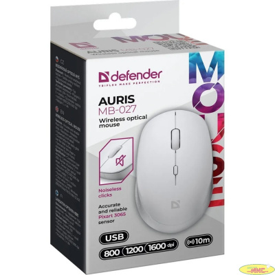 Defender Auris MB-027 { Беспроводная оптическая мышь,белый,4D,800-1600dpi,бесшумн } [52028]